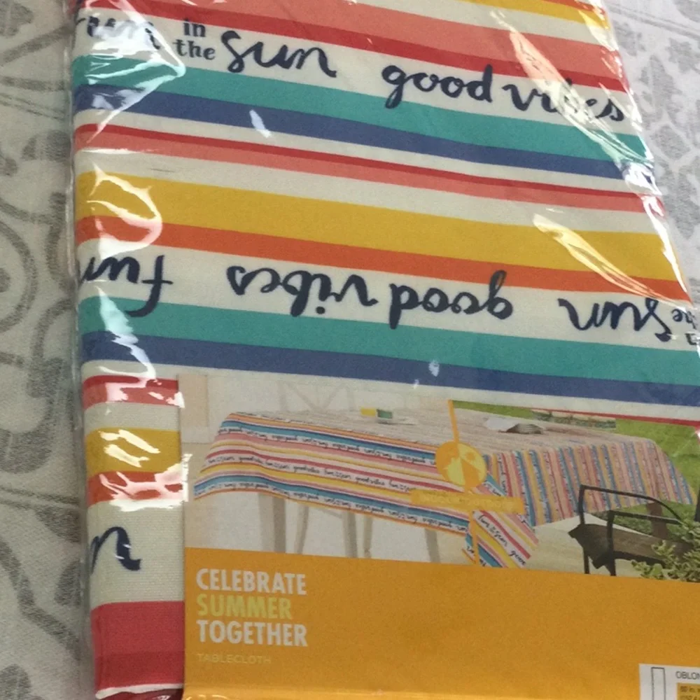 Summer fun table cloth  indoors or out. 60” by 84” oblong. Washable polyester.